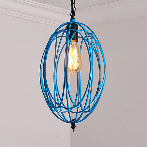 Industrial Gray/Red Oval Cage Hanging Pendant Light with Adjustable Chain - 1 Bulb - Ideal for Restaurants, Metallic Design