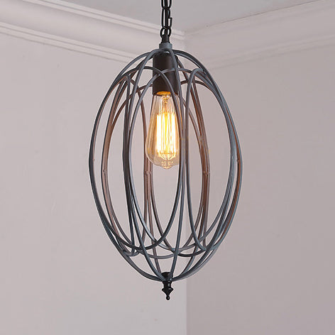 Industrial Gray/Red Oval Cage Hanging Pendant Light with Adjustable Chain - 1 Bulb - Ideal for Restaurants, Metallic Design