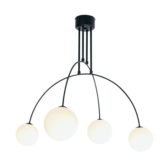 White Chandelier Pendant For Living Room With Arch Iron Shade And Milk Glass Balls