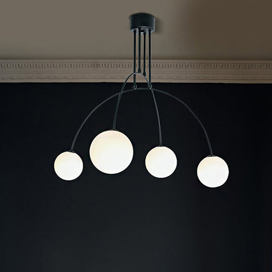 White Chandelier Pendant For Living Room With Arch Iron Shade And Milk Glass Balls