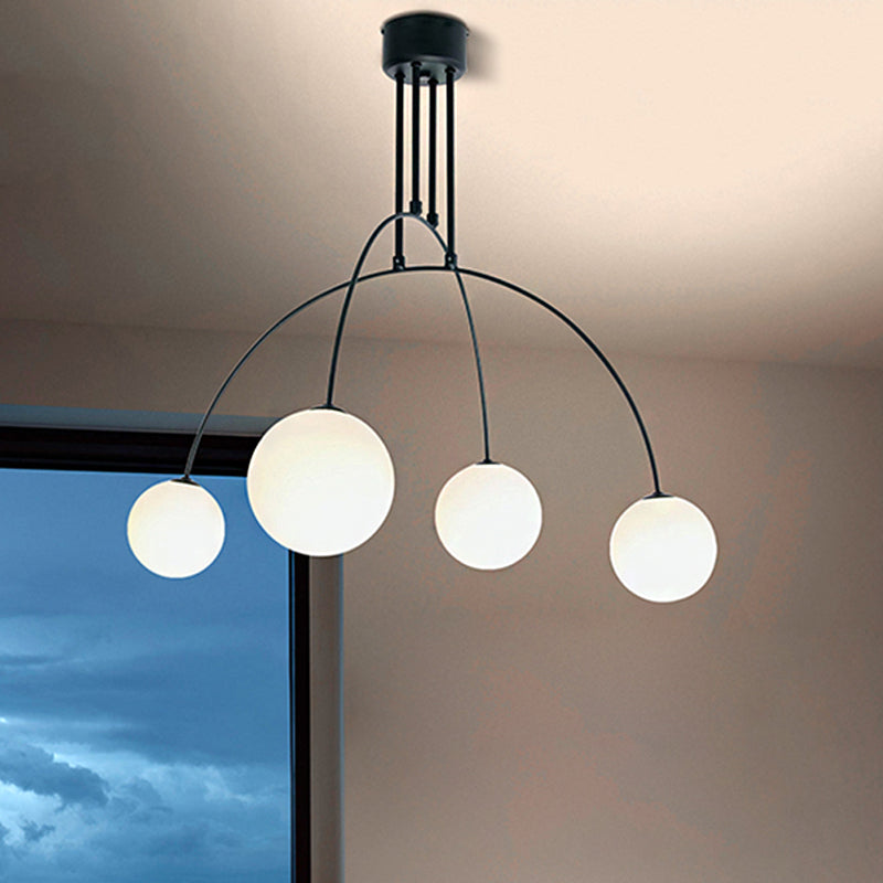 White Chandelier Pendant For Living Room With Arch Iron Shade And Milk Glass Balls