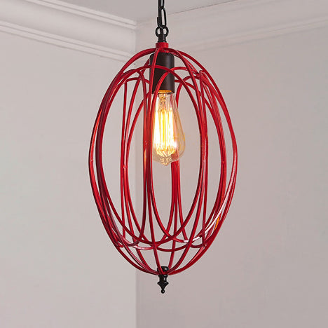 Industrial Gray/Red Oval Cage Hanging Ceiling Light Pendant Lamp With Adjustable Chain - Metallic