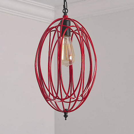 Industrial Gray/Red Oval Cage Hanging Pendant Light with Adjustable Chain - 1 Bulb - Ideal for Restaurants, Metallic Design