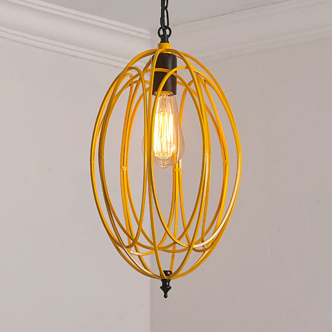 Industrial Gray/Red Oval Cage Hanging Ceiling Light Pendant Lamp With Adjustable Chain - Metallic