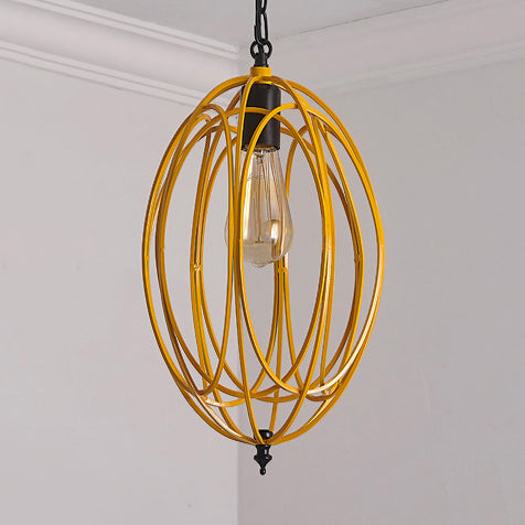 Industrial Gray/Red Oval Cage Hanging Ceiling Light Pendant Lamp With Adjustable Chain - Metallic