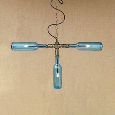 Blue/Clear Glass Chandelier Pendant Light - Antique Stylish Bottle Design, 3 Lights - Ideal for Dining Room