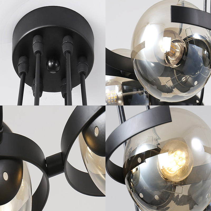 Contemporary 6-Light Black Chandelier With Clear Glass Ball Pendant For Dining Room