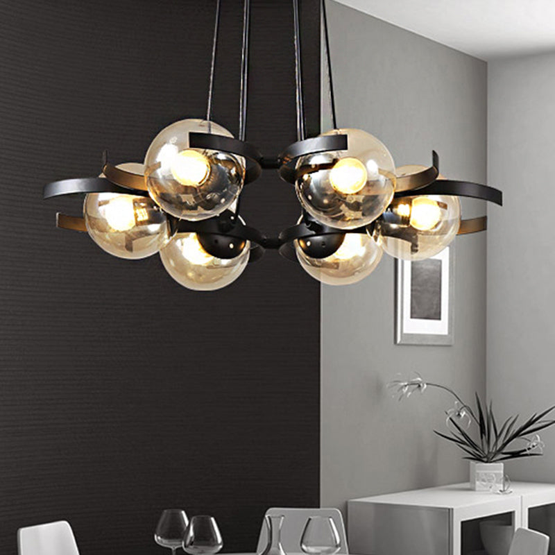 Contemporary 6-Light Black Chandelier With Clear Glass Ball Pendant For Dining Room