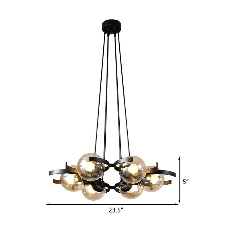 Contemporary 6-Light Black Chandelier With Clear Glass Ball Pendant For Dining Room