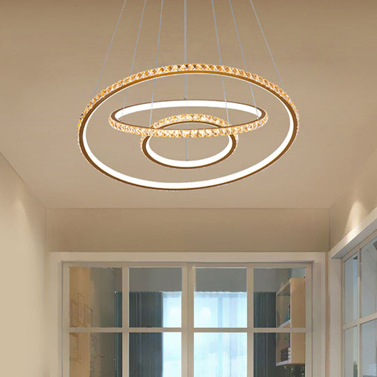 Lustre en cristal à LED, suspension de plafond moderne en or/argent avec 3 anneaux, options d'éclairage chaud et blanc