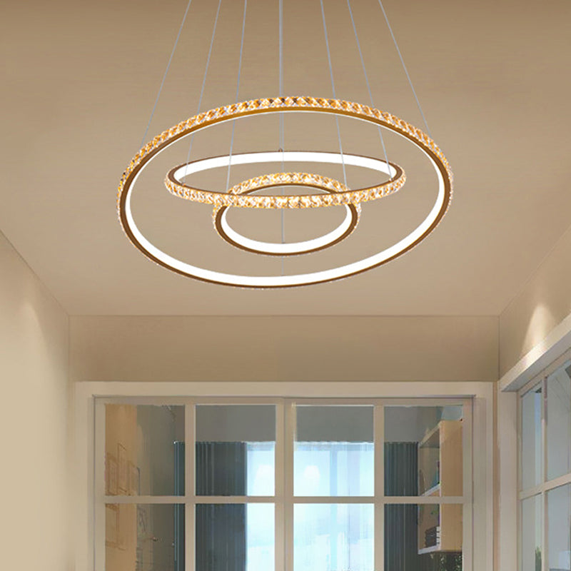 Modern Crystal Gold/Silver Led Chandelier Ceiling Light Fixture With 3 Rings - Warm/White Dual