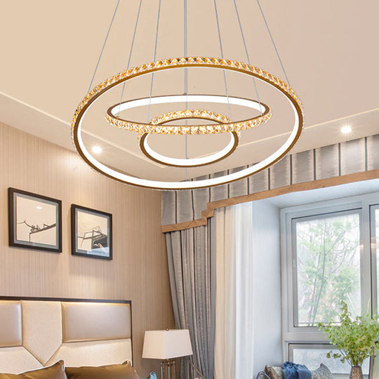 Lustre en cristal à LED, suspension de plafond moderne en or/argent avec 3 anneaux, options d'éclairage chaud et blanc