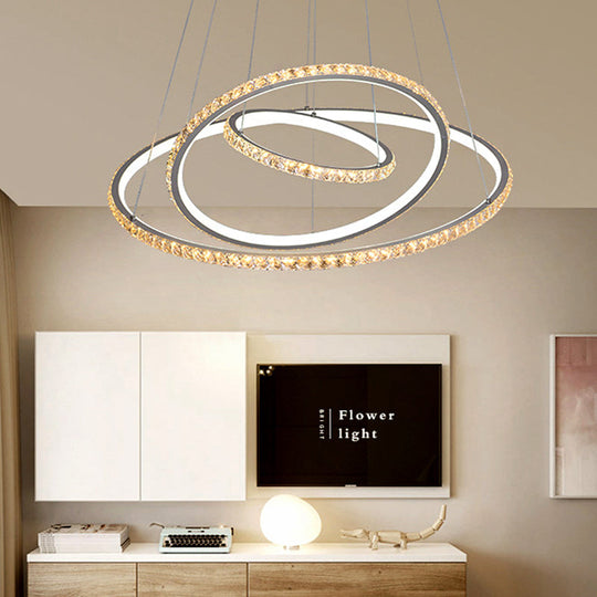 Lustre en cristal à LED, suspension de plafond moderne en or/argent avec 3 anneaux, options d'éclairage chaud et blanc