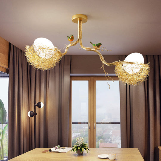 Artistry Milk White Glass Ball Chandelier Pendant 1/2/3-Light Golden Hanging Lamp with Birds and Hand Sewn Aluminum Nest