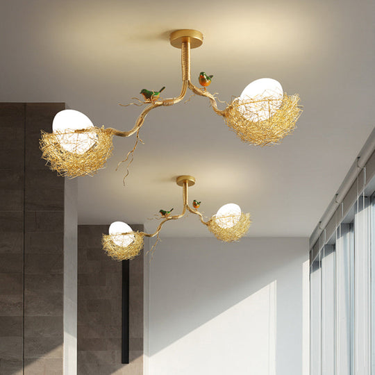 Artistry Milk White Glass Ball Chandelier Pendant with Birds and Hand-Sewn Aluminum Nest - 1/2/3-Light Golden Hanging Lamp