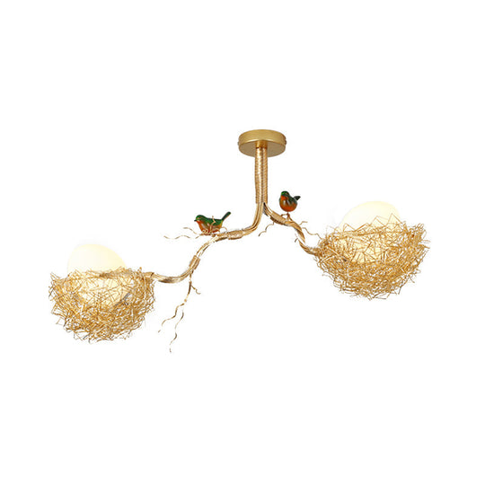 Artistry Milk White Glass Ball Chandelier Pendant with Birds and Hand-Sewn Aluminum Nest - 1/2/3-Light Golden Hanging Lamp