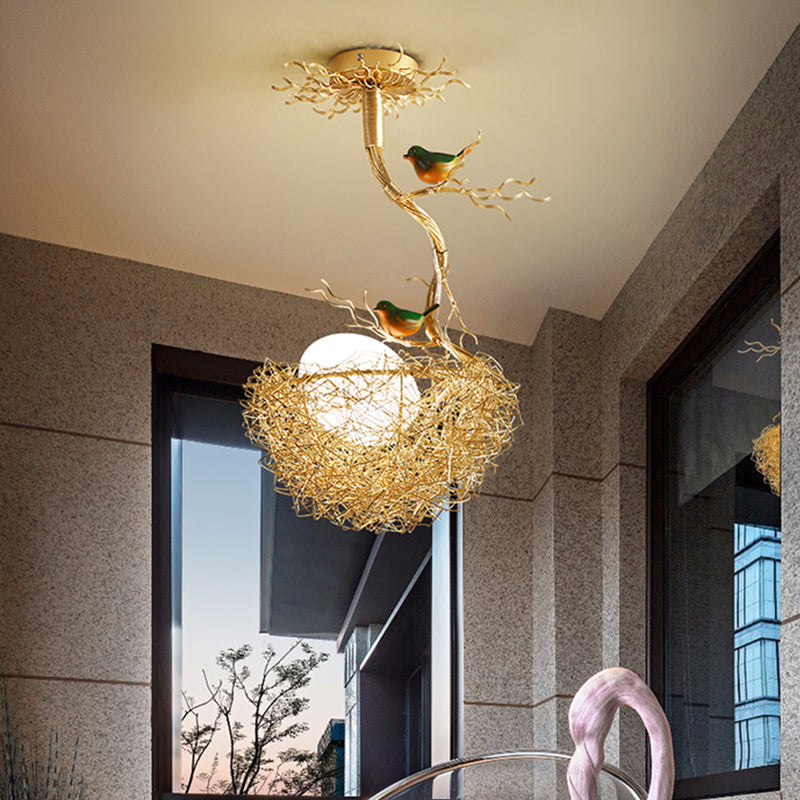 Artistry Milk White Glass Ball Chandelier Pendant with Birds and Hand-Sewn Aluminum Nest - 1/2/3-Light Golden Hanging Lamp