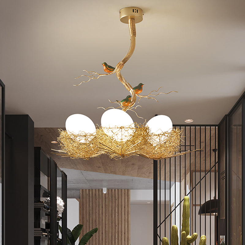 Artistry Milk White Glass Ball Chandelier Pendant with Birds and Hand-Sewn Aluminum Nest - 1/2/3-Light Golden Hanging Lamp