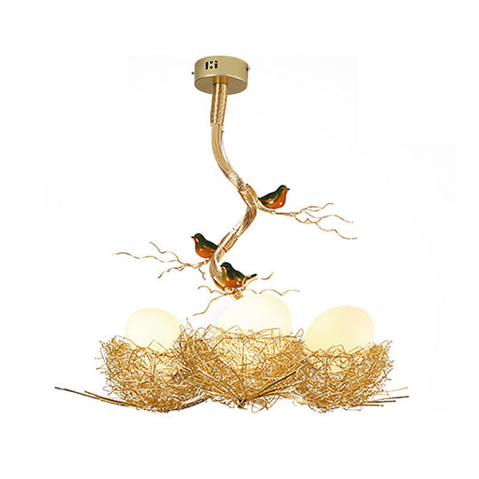 Artistry Milk White Glass Ball Chandelier Pendant 1/2/3-Light Golden Hanging Lamp with Birds and Hand Sewn Aluminum Nest