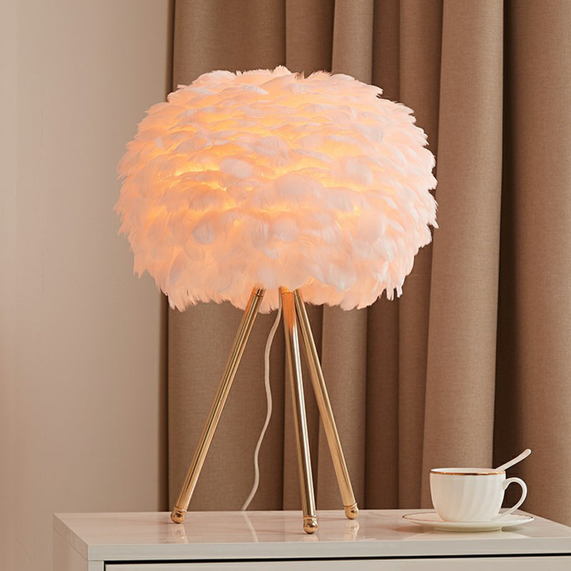 Feather Shade Tripod Table Lamp: Metal Single-Bulb Nightstand Lighting For Contemporary Girls