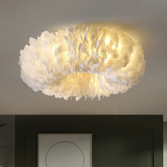 Minimalistic Feather Flush Mount Ceiling Light For Bedroom - White Doughnut Shape