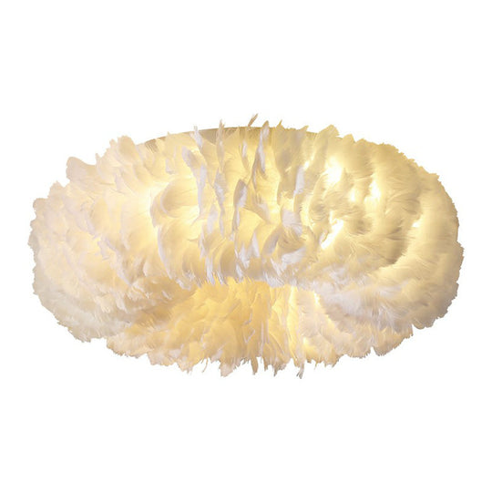 Minimalistic Feather Flush Mount Ceiling Light For Bedroom - White Doughnut Shape