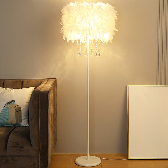 White Drum Shade Feather Standing Floor Lamp - Minimalistic Design With 1 Bulb For Living Room / 18