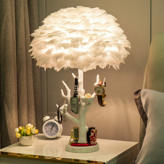 Feather Shade Resin Table Lamp: Artistic Tree Branch Design Ideal For Living Room Nightstands White