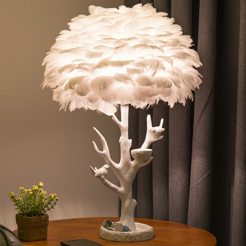 Feather Shade Resin Table Lamp: Artistic Tree Branch Design Ideal For Living Room Nightstands White