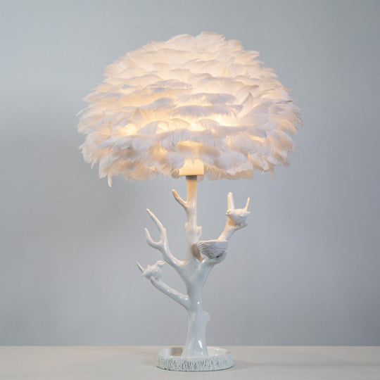 Feather Shade Resin Table Lamp: Artistic Tree Branch Design Ideal For Living Room Nightstands White