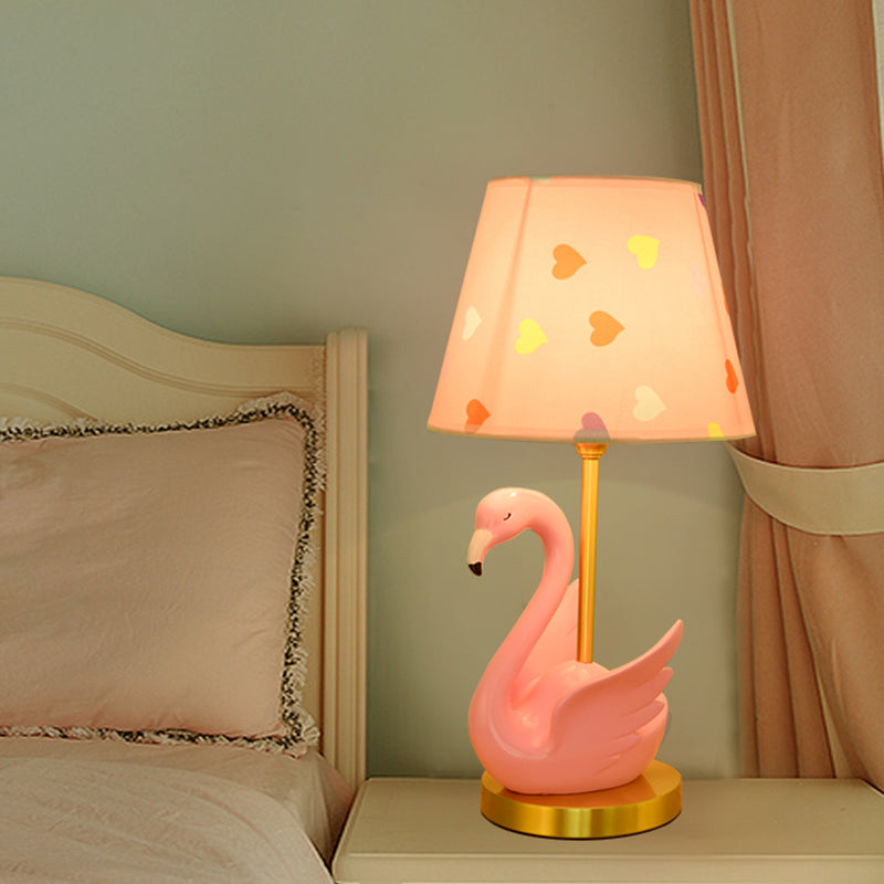 Kids Style Swan Pattern Fabric Nightstand Lamp - Quirky Single Table Lighting With Decorative Bucket