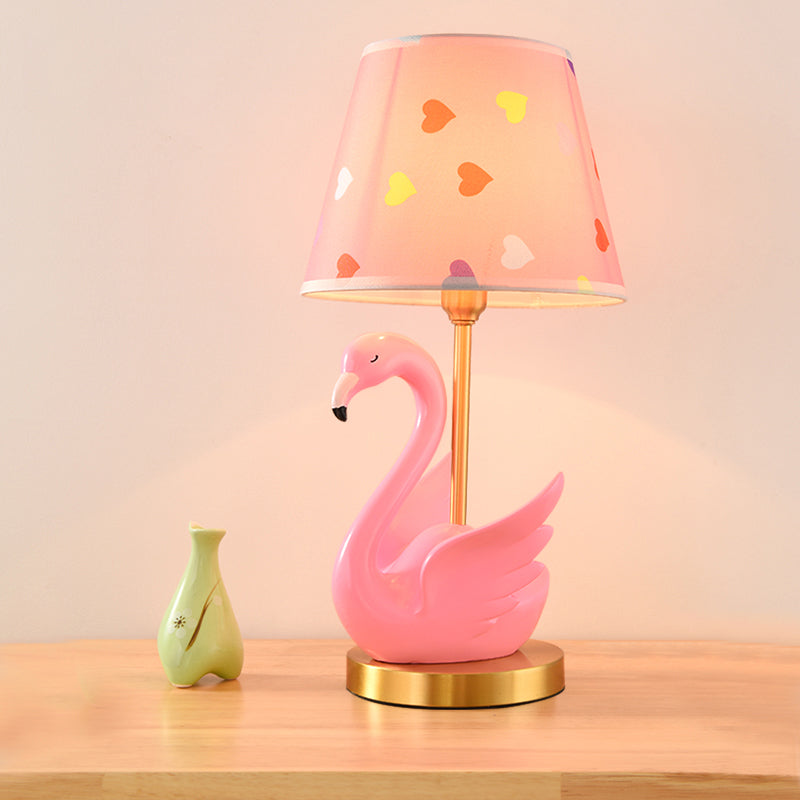 Kids Style Swan Pattern Fabric Nightstand Lamp - Quirky Single Table Lighting With Decorative Bucket