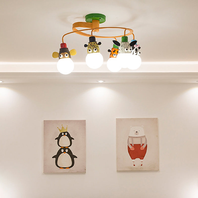 Orange Animal Socket Semi Flush Mount Ceiling Light for Kids' Kindergarten Room