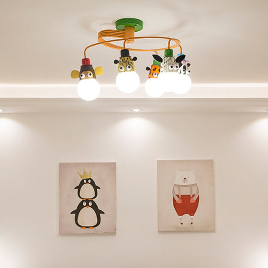 Orange Animal Socket Semi Flush Mount Ceiling Light for Kids' Kindergarten Room