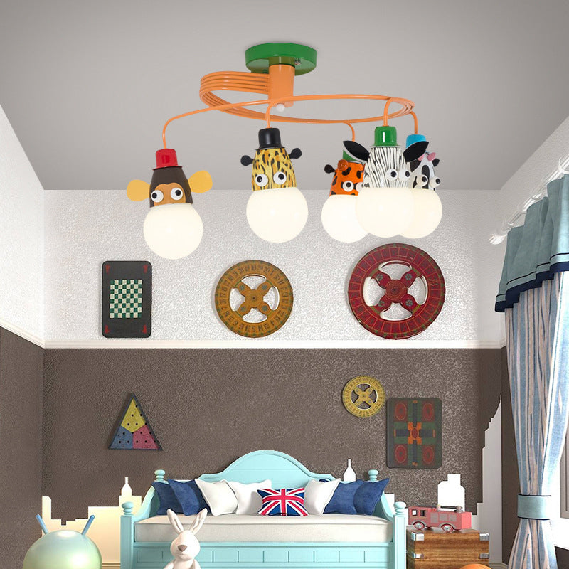 Orange Animal Socket Semi Flush Mount Ceiling Light for Kids' Kindergarten Room