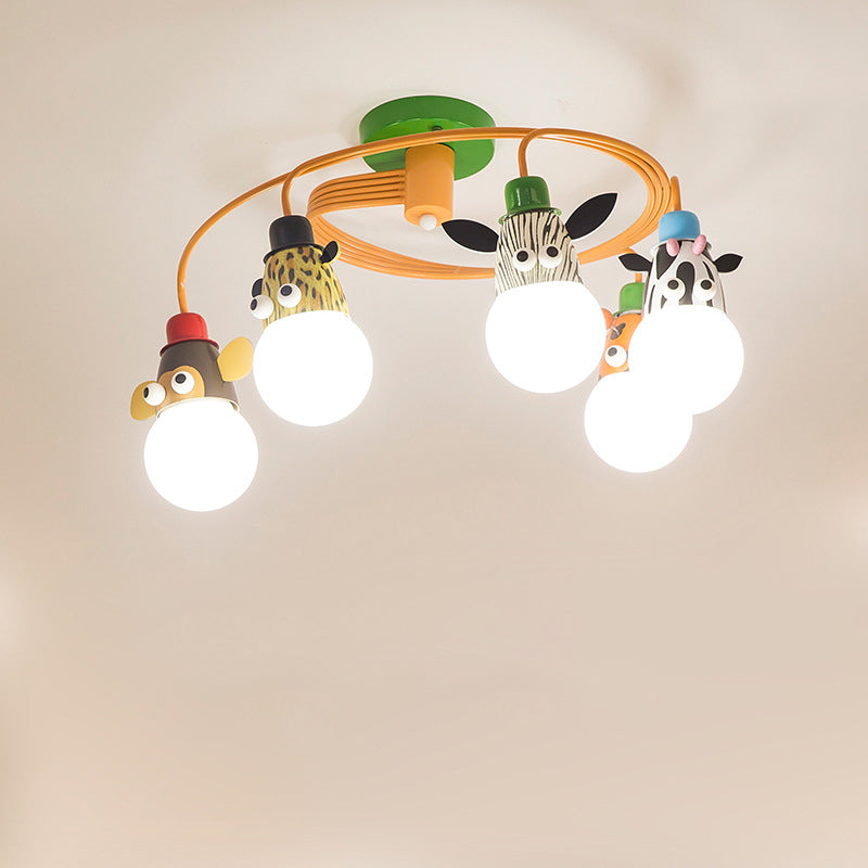 Orange Animal Socket Semi Flush Mount Ceiling Light for Kids' Kindergarten Room