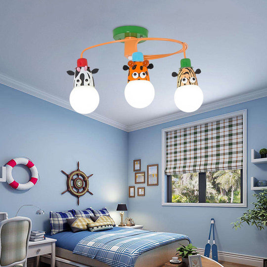 Orange Animal Socket Semi Flush Mount Ceiling Light for Kids' Kindergarten Room