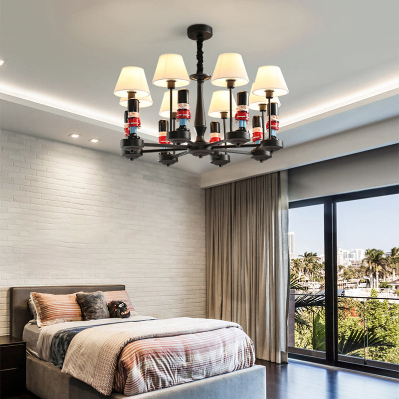 Kids Style Black Tapered Ceiling Lighting With Pleated Fabric Chandelier And Soldier Decor