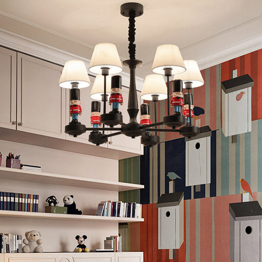 Kids Style Black Tapered Ceiling Lighting With Pleated Fabric Chandelier And Soldier Decor