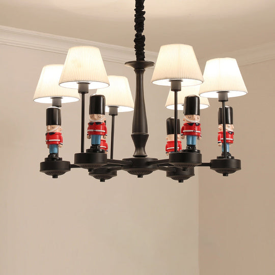 Kids Style Black Tapered Ceiling Lighting With Pleated Fabric Chandelier And Soldier Decor