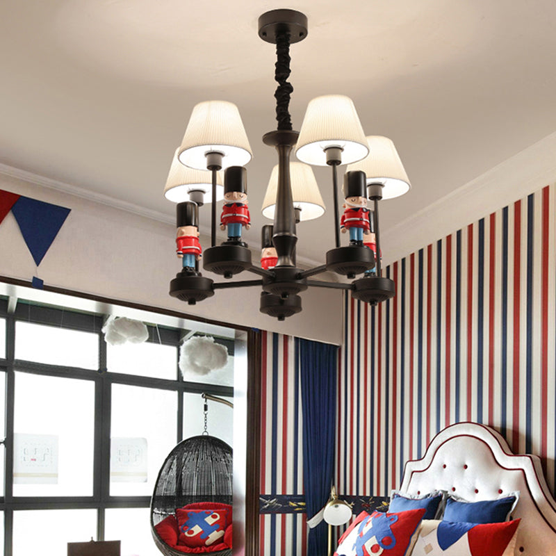 Kids Style Black Tapered Ceiling Lighting With Pleated Fabric Chandelier And Soldier Decor