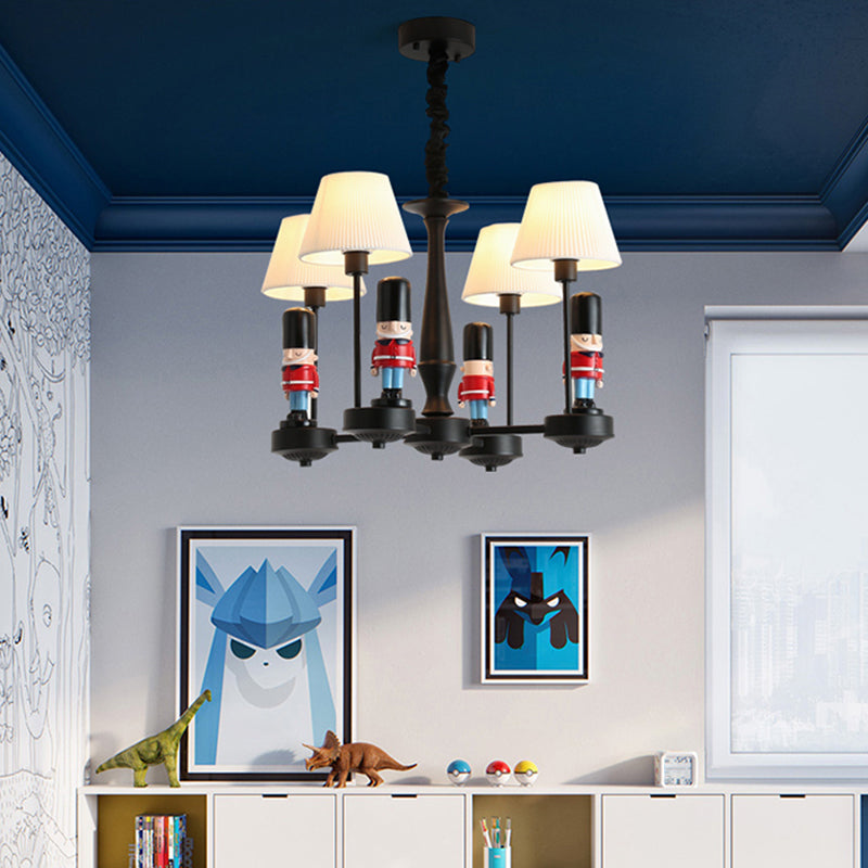 Kids Style Black Tapered Ceiling Lighting With Pleated Fabric Chandelier And Soldier Decor