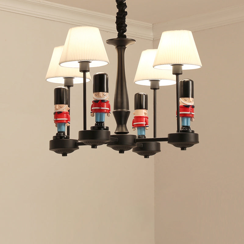 Kids Style Black Tapered Ceiling Lighting With Pleated Fabric Chandelier And Soldier Decor