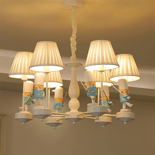 Cartoon Soldier Nursery Chandelier Pendant With Fabric Shade Resin Hanging Light 6 / White