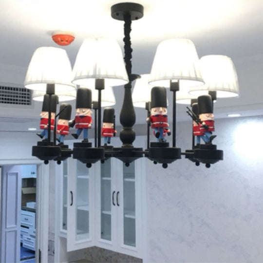 Cartoon Soldier Nursery Chandelier Pendant With Fabric Shade Resin Hanging Light 8 / Black