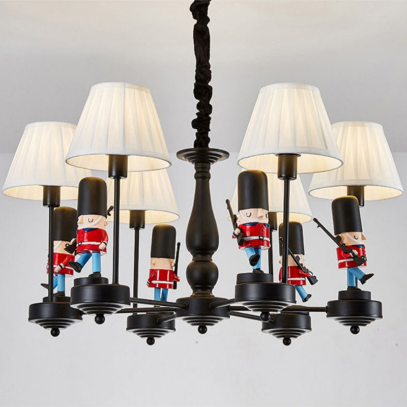 Cartoon Soldier Nursery Chandelier Pendant With Fabric Shade Resin Hanging Light 6 / Black