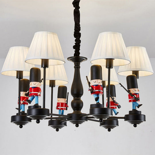 Cartoon Soldier Nursery Chandelier Pendant With Fabric Shade Resin Hanging Light 6 / Black