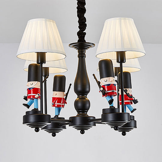 Cartoon Soldier Nursery Chandelier Pendant With Fabric Shade Resin Hanging Light 4 / Black