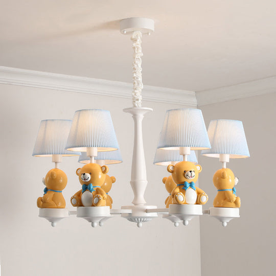 White Pleated Fabric Kids Bucket Chandelier With Decorative Bear Child Room Pendant Light