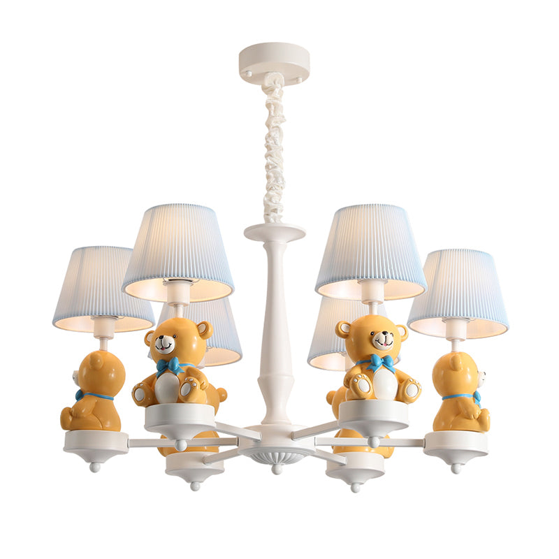 White Pleated Fabric Kids Bucket Chandelier With Decorative Bear Child Room Pendant Light